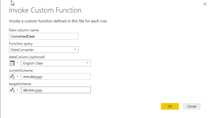 Insert the parameters column